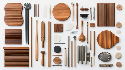 Natural Wood Kitchen Utensils and Accessories Collection on White Background