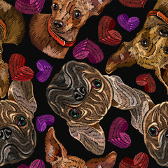 French bulldog and red heart. Beautiful dog. Love art. Fashionable romantic template for clothes, t-shirt design. Classical embroidery in black background