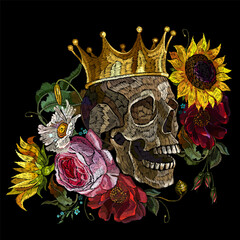 Embroidery golden crown, skull and bouqut of flowers. Red roses, sunflowers and white daisies. Gothic romanntic. Medieval art