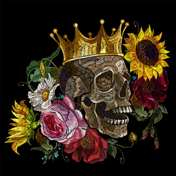 Embroidery golden crown, skull and bouqut of flowers. Red roses, sunflowers and white daisies. Gothic romanntic. Medieval art