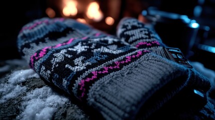 Close-up of gray knitted mittens with colorful pattern on snowy surface with fireplace background