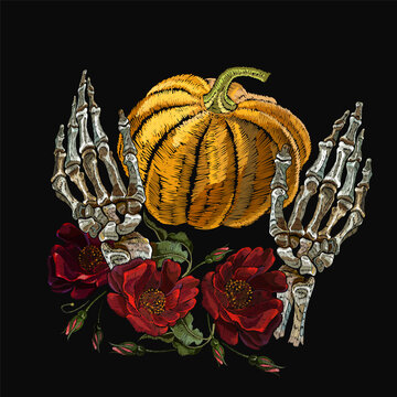 Halloween background. Orange pumpkin, skeleton hands and wild red roses. Medieval style embroidery
