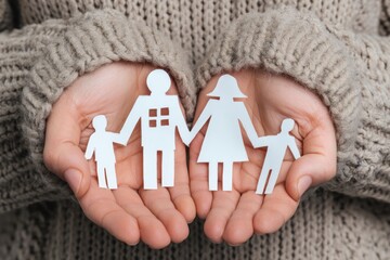 hands holding paper family cutout, family home, adoption foster care, homeless support , mental health, homeschooling , cost of living during recession concept 