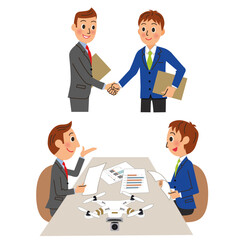 男性会社員が仕事で握手や打ち合わせをしている