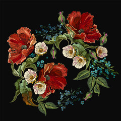 Embroidery. Bouquet. Red roses and white flowers, vector. Summer and spring garden floral art. Fashionable template for clothes
