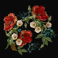 Embroidery. Bouquet. Red roses and white flowers, vector. Summer and spring garden floral art. Fashionable template for clothes © Matrioshka