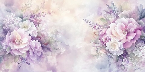 Soft watercolor painting of pink-white peonies with small purple-white flowers on misty pastel background.