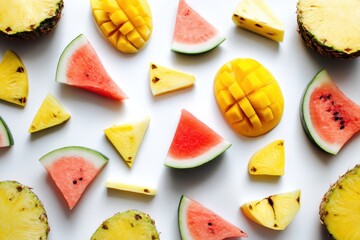 Flat-lay of sliced tropical fruits like pineapple, mango, and watermelon on a white background