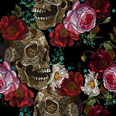 Embroidery human skull, wild flowers and red roses. Dark gothic art. Halloween art. Medieval style. Seamless pattern. Fashion clothes template and t-shirt design