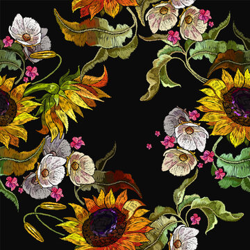 Embroidery sunflowers seamless pattern. Fashion yellow and white summer flowers, template for clothes, tapestry, t-shirt design