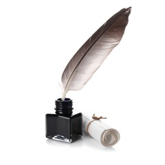 Brown Quill Pen in Black Inkwell with Rolled Parchment Scroll