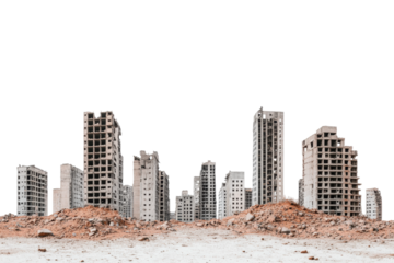 Desolate urban landscape with abandoned high-rise buildings, cut out - stock png.