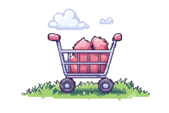 Pixelated shopping cart filled with pink objects on grassy knoll.