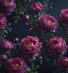 Opulent peony blossoms and swirling vines in jewel tones on a midnight blue backdrop, background, opulent, blossom