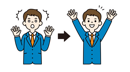 驚いた表情と大喜びする表情の、若いビジネスマンのベクターイラスト素材＿線幅の編集可能＿カラー