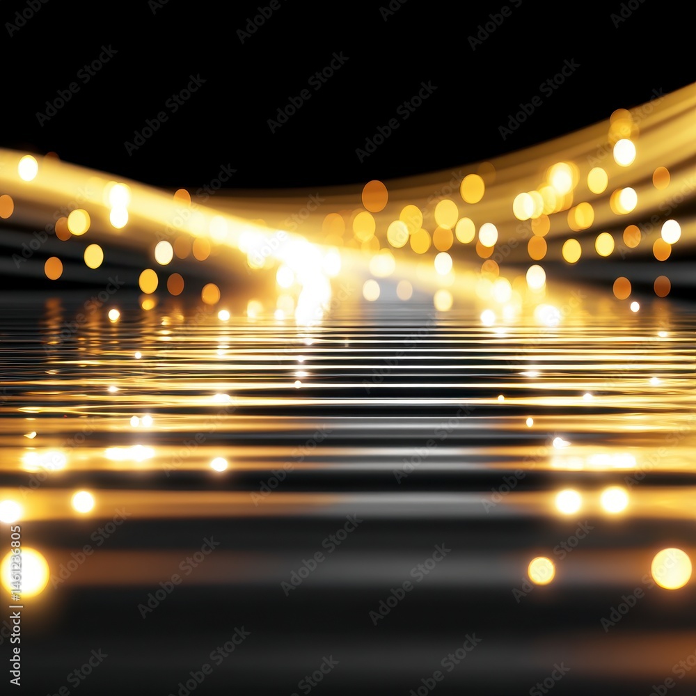 Aufkleber shimmering golden stream of light illuminating reflective surface with bokeh effect in the dark
