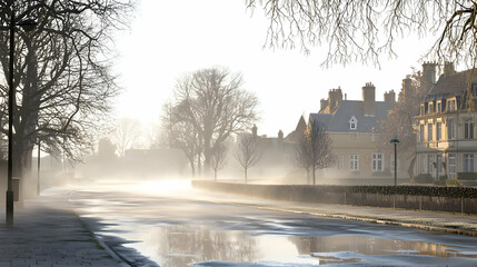 Misty Morning Street Scene With Golden Light