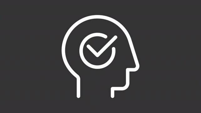 Mental wellness ui icon white line animation. Complete mark showing up. Cognition, psychology. Correct thinking animated user interface element on dark background. Transparent HD video