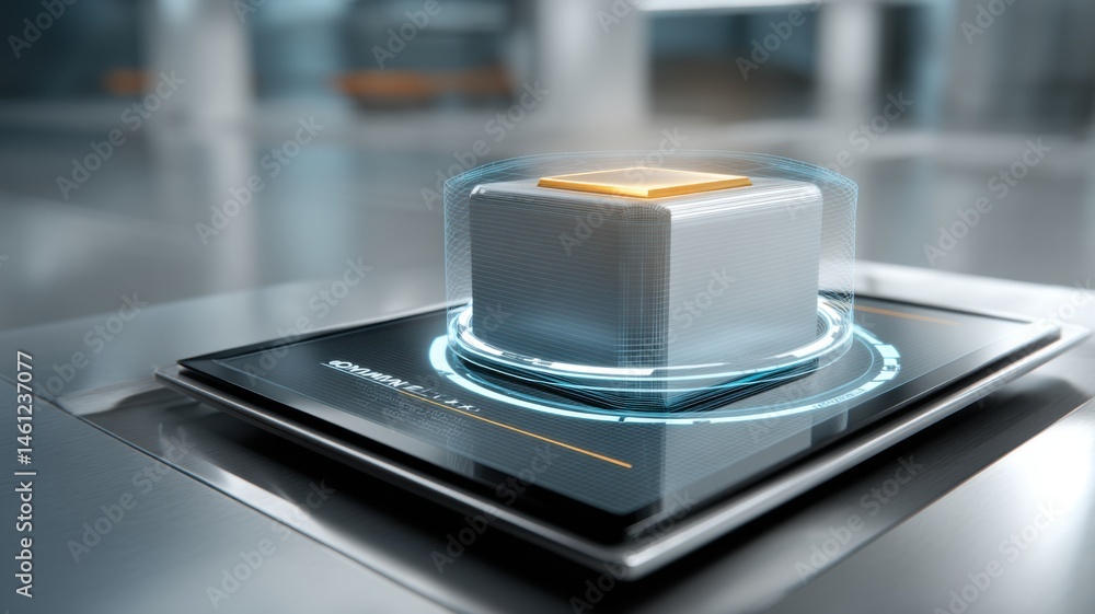 Poster futuristic microchip showcased on a digital platform with glowing holographic effects in a high-tech