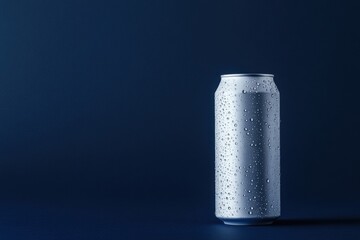 Close-up of a cold metal can with water droplets, dark blue background, minimalist composition, fresh and clean look, perfect for beverage ads and refreshing product visuals. Copy space. Banner