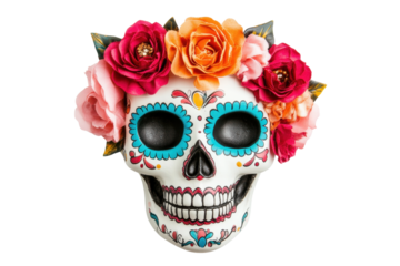Colorful day of the dead skull with floral decorations, cut out - stock png.