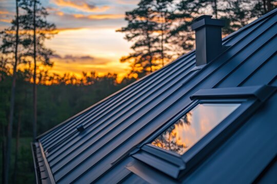 Modern metal roof with skylight and chimney, warm sunset reflection, sharp lines, architectural detail, peaceful nature backdrop, perfect for real estate, construction, and roofing promotions.