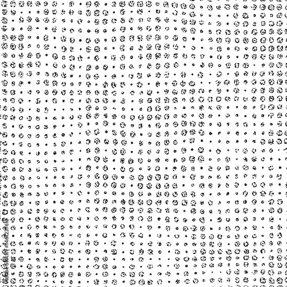 Poster dense array of small black dots on a white background.