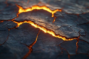 Molten rock flows through fractured earth surface.