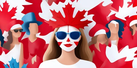 Female celebrating canada day with maple leaf face paint and sunglasses in artful crowd scene