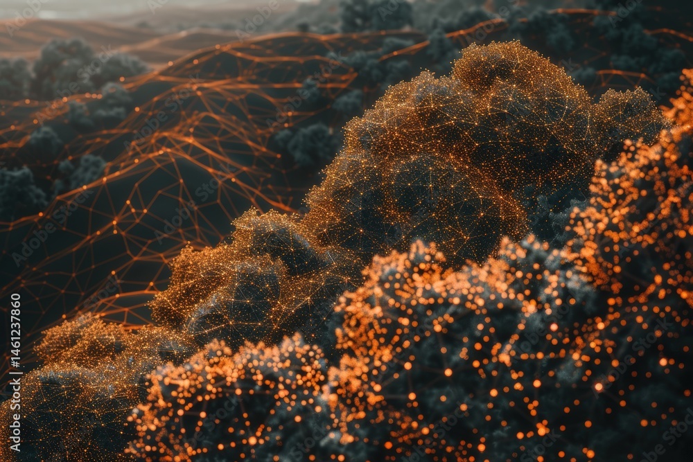 Poster magical forest scene with glowing lights and intricate patterns.