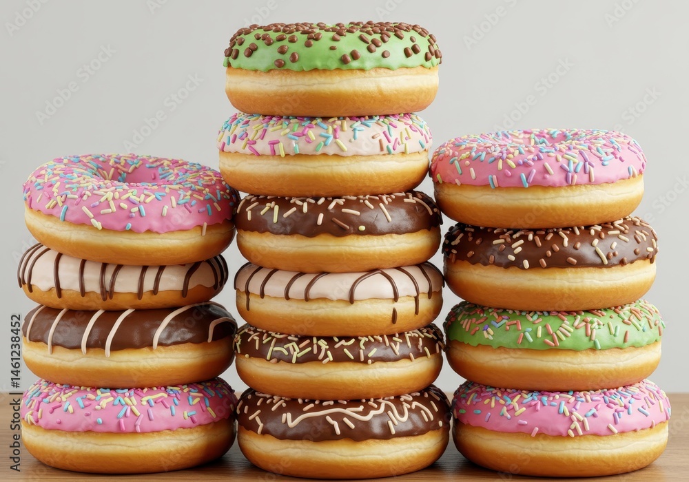 Poster stack of assorted donuts with colorful frosting and sprinkles on a wooden surface