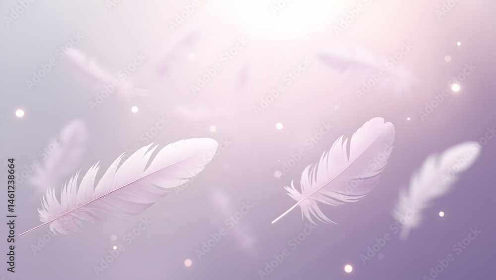 Poster serene descent, ethereal lavender feathers floating gently through a soft mist, creating a tranquil 