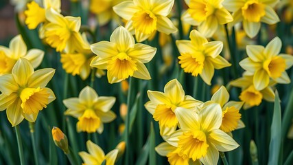 Naklejka premium A vibrant field of bright yellow daffodils blossoms in the sptime sunshine showcasing their cheerful beauty.