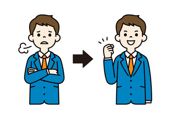 悩んでいる表情とやる気満々の表情の、若いビジネスマンのベクターイラスト素材＿線幅の編集可能＿カラー