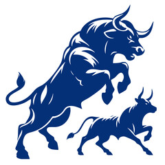 Obraz premium Powerful Jumping Bull: Majestic Taurus in Dark Blue Silhouette. A Symbol of Strength, Power, and Financial Success