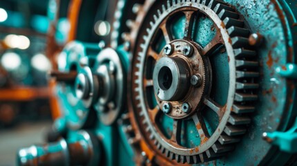 Fototapeta premium Grungy gears of an old industrial machine with a blurred background. 