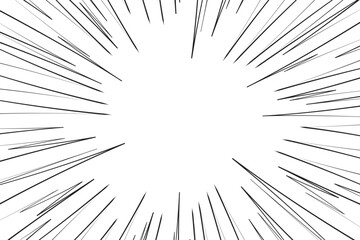 Speed lines comic background. Manga book radial action rays effect of scream and shout. Cartoon radial vector pattern with stripes of light. Retro black explosion frame on white bg.