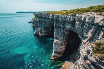 Coastal cliffs meet turquoise water, a sea cave