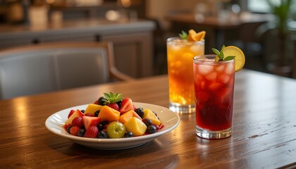a realistic image of a healthy fruit dish and refreshing drinks on a wooden table with lighting that gives a luxurious and warm impression