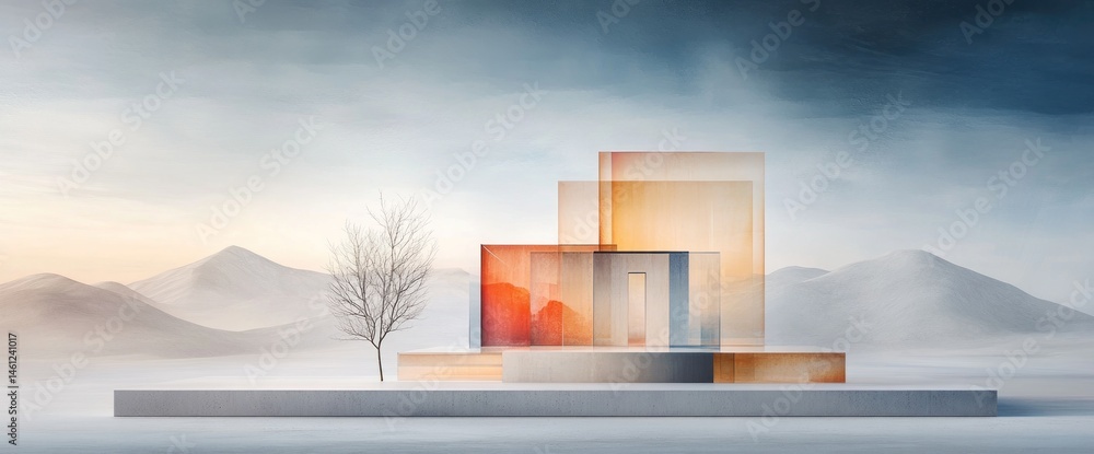 Poster modern architectural structure in a minimalist desert landscape with a lone tree, featuring transluc