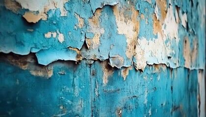 Obraz premium Peeling blue paint revealing patchy gray-white wall texture.