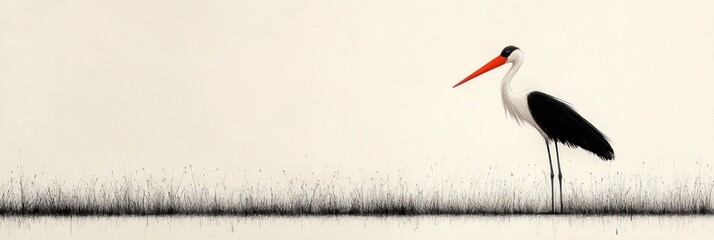 Solitary stork standing in a field of grass