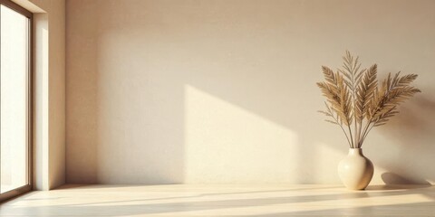 Minimalist Interior Design Mockup Sunlit Room with Neutral Tones and Dried Pampas Grass in a Ceramic Vase on Light Wood Floor