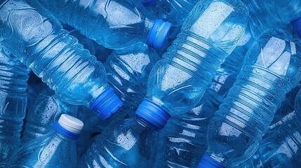 Pile of empty blue-capped plastic water bottles.