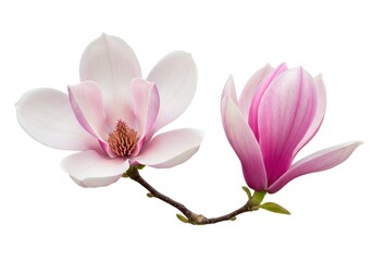 Fototapeta premium Magnolia flowers on a branch, one open and one closed, against white background