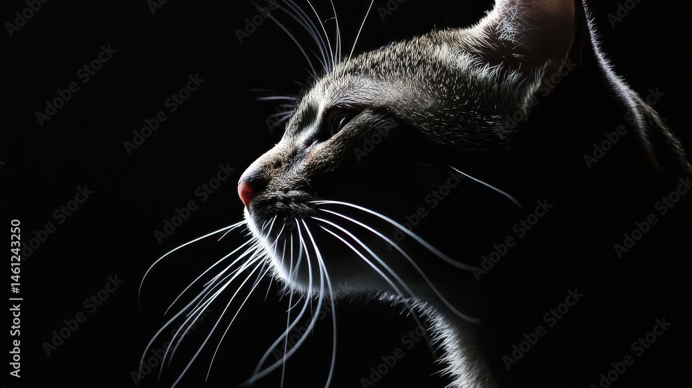 Poster silhouette of a cat profile highlighted by soft light against a dark background capturing intrigue a