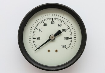 Close up of a circular pressure gauge with black frame and white face