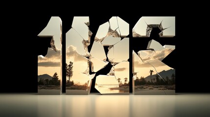 Broken metallic numbers, revealing a scenic landscape.  Inside the shattered digits, a desert vista with trees, mountains, and a lake at sunset is visible