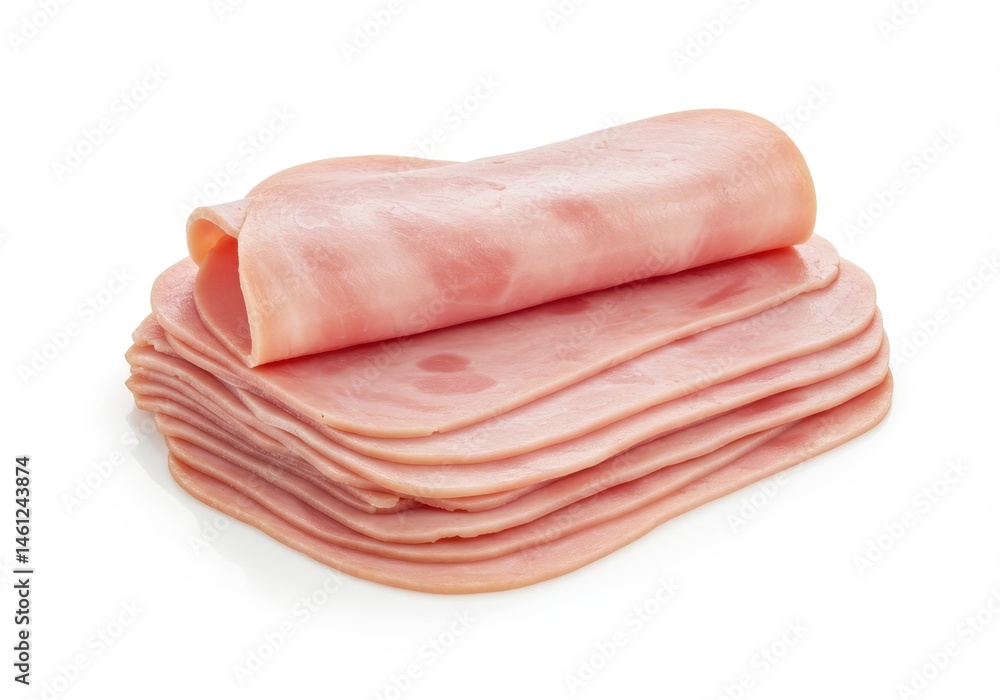 Aufkleber stack of sliced ham with one slice rolled on top against white background