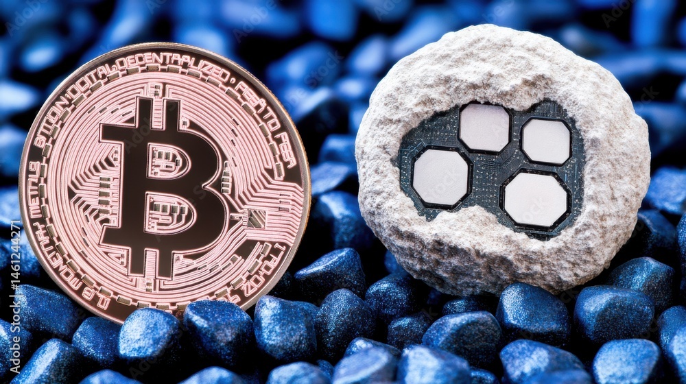 Poster bitcoin symbol next to a stone-like structure with circuits on a bed of blue pebbles representing cr